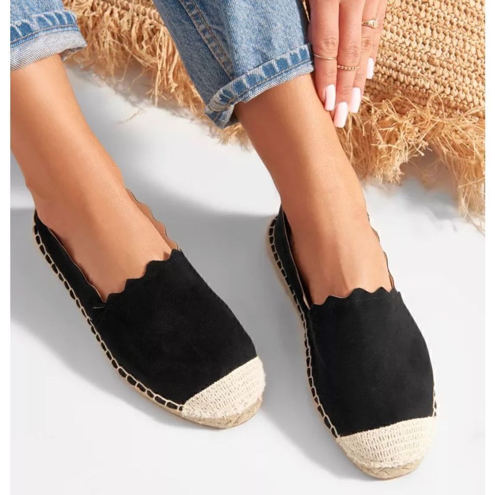 Crown Vintage Brae Espadrille Platform Slip-On Black Suede Scalloped Trim Sz 7.5